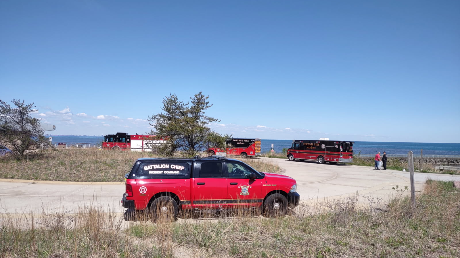 Portage Fire vehicles at the lakefront