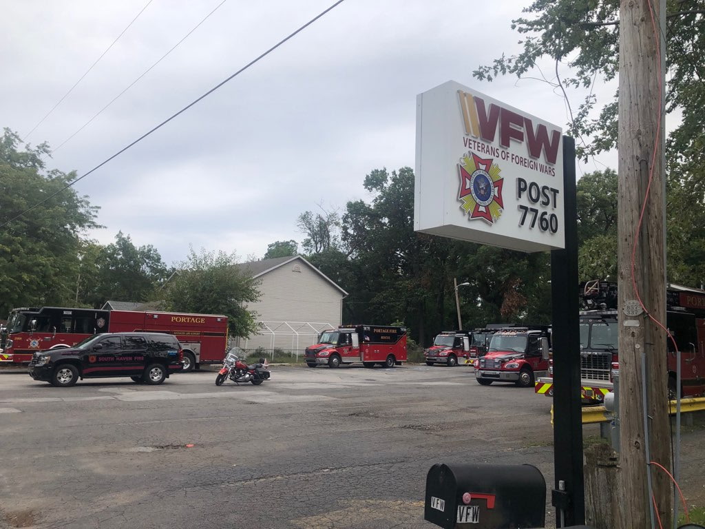 Portage Fire and South Haven Fire trucks in the VFW Post 7760 parking lot