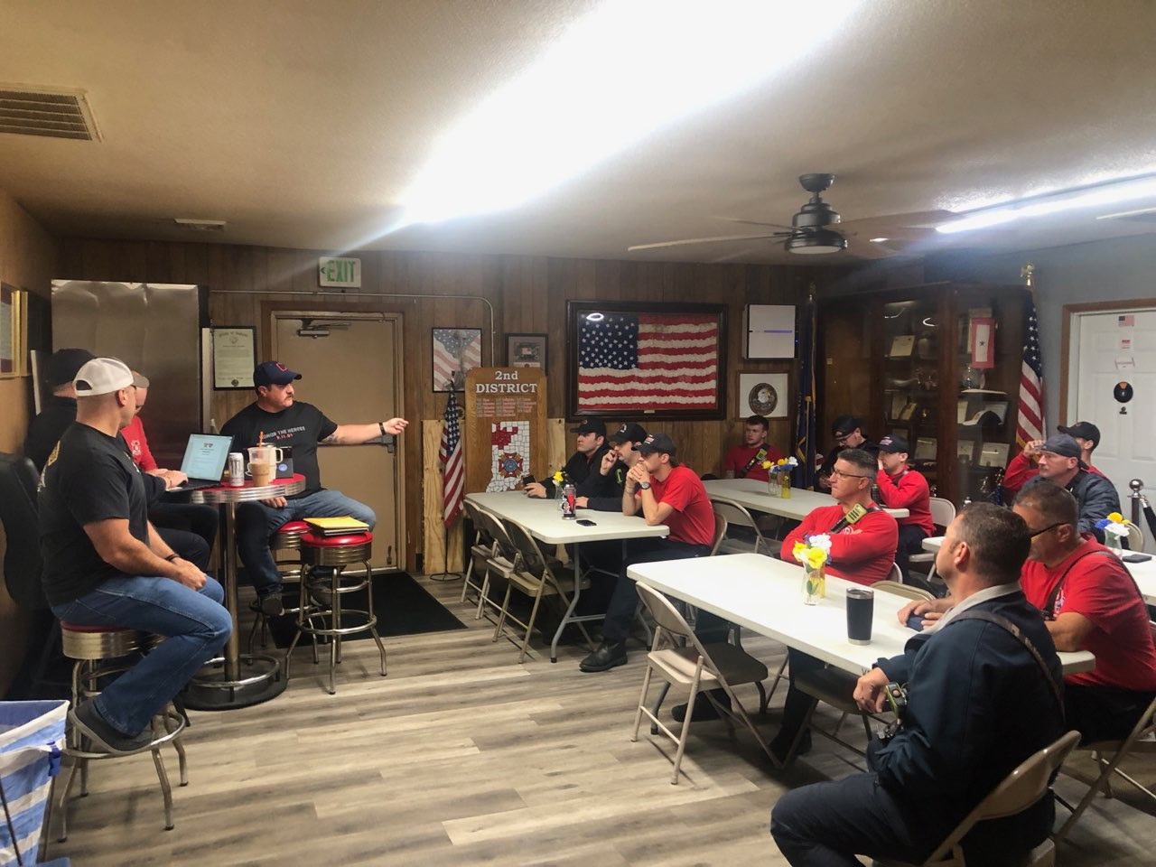 Portage Fire Department members gathered inside VFW Post 7760 hall for their district meeting