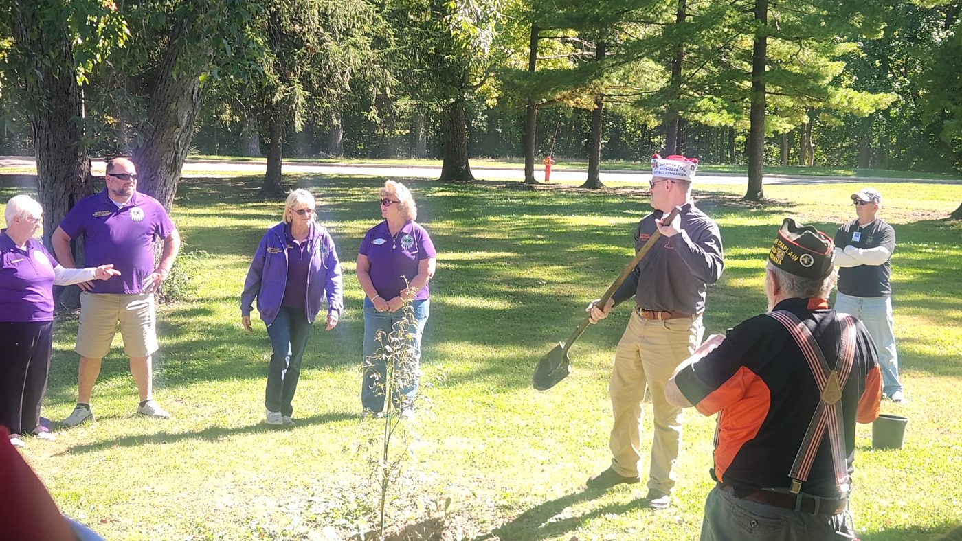 Service branch flags at the Indiana Veterans Home flag court on a clear October day