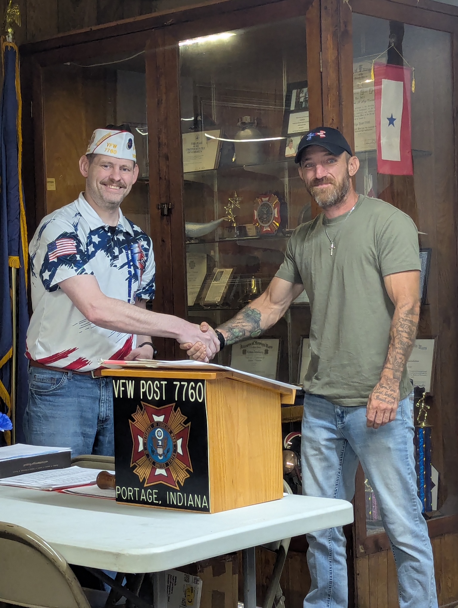 Commander Adam Ferguson welcomes Mark Sumler to VFW Post 7760